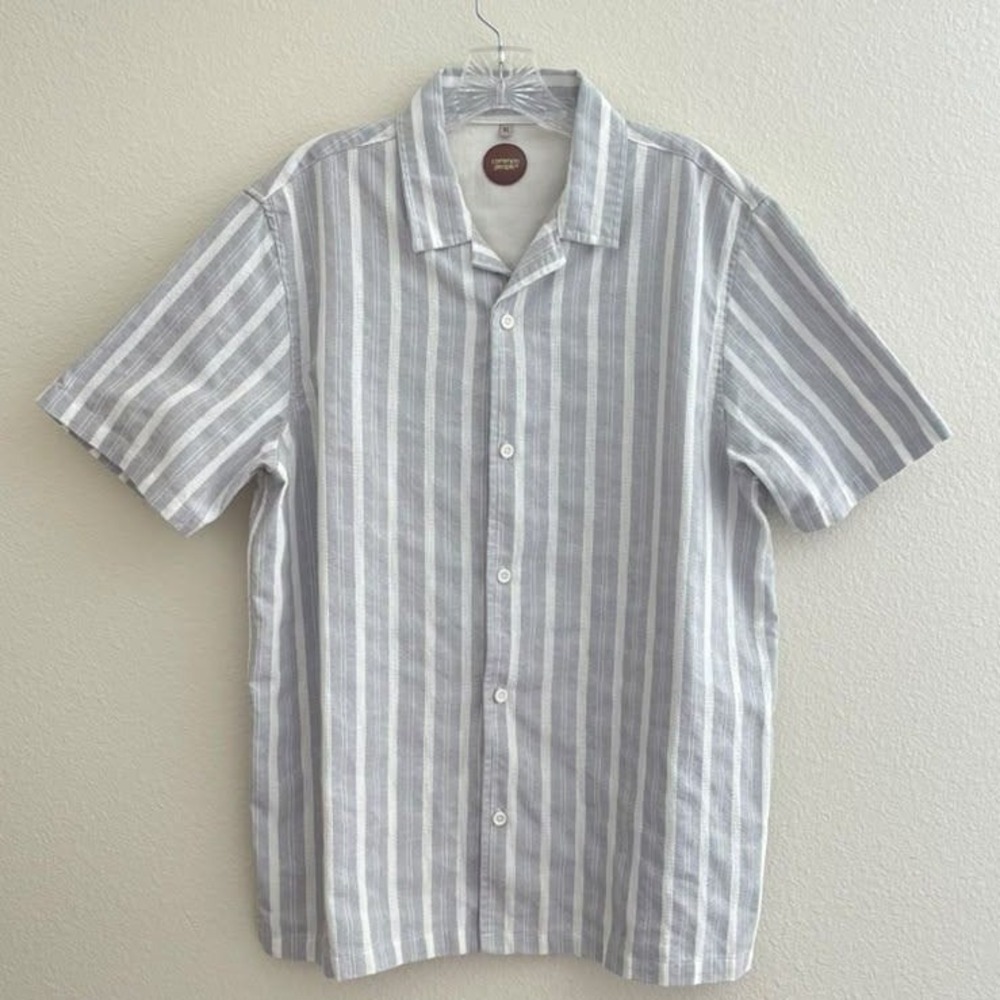 Common People Mens XL Gray White Striped Short Sleeve Camp Collar Button Shirt